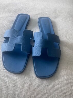 Hermes Blue Oran H Slide Leather Sandals